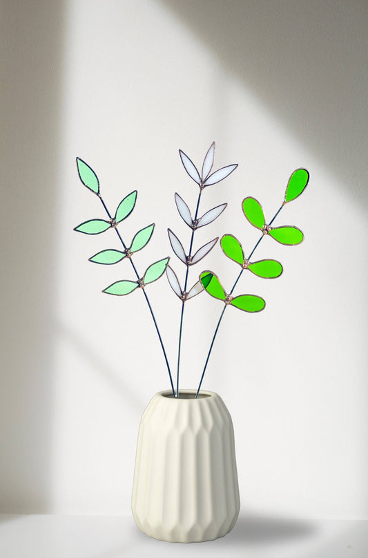 Stained Glass Green Leaf Sprig Stems