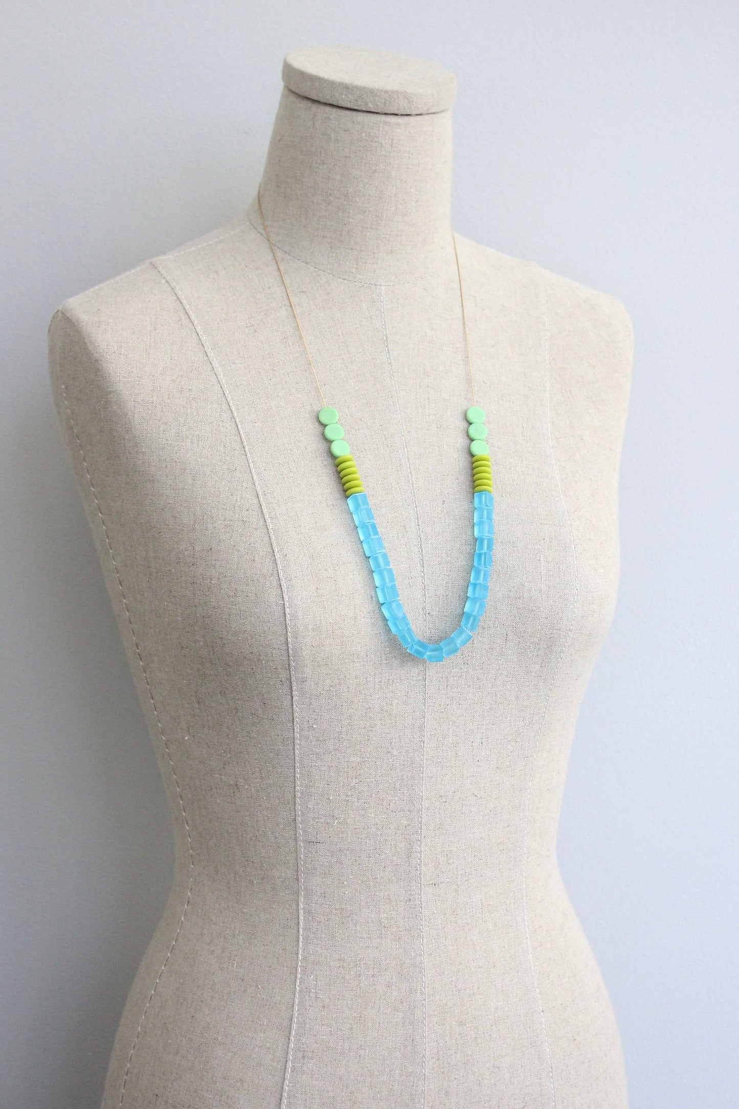 Geometric Aqua and Chartreuse Glass Necklace