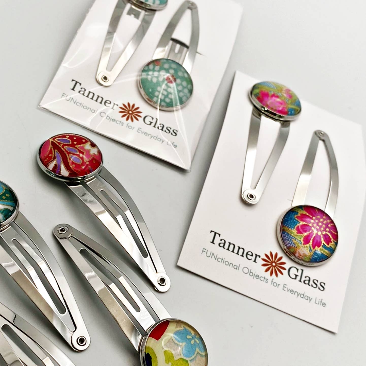 Snap Clip Barrette with Glass-Capped Japanese Chiyogami Patterns