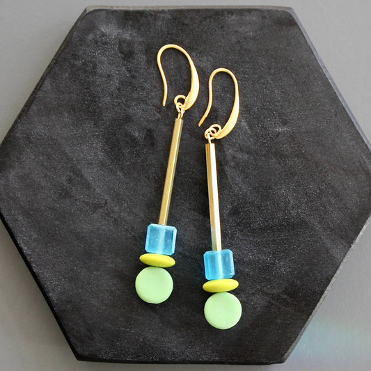 Totem Earrings-matte glass aqua and chartreuse