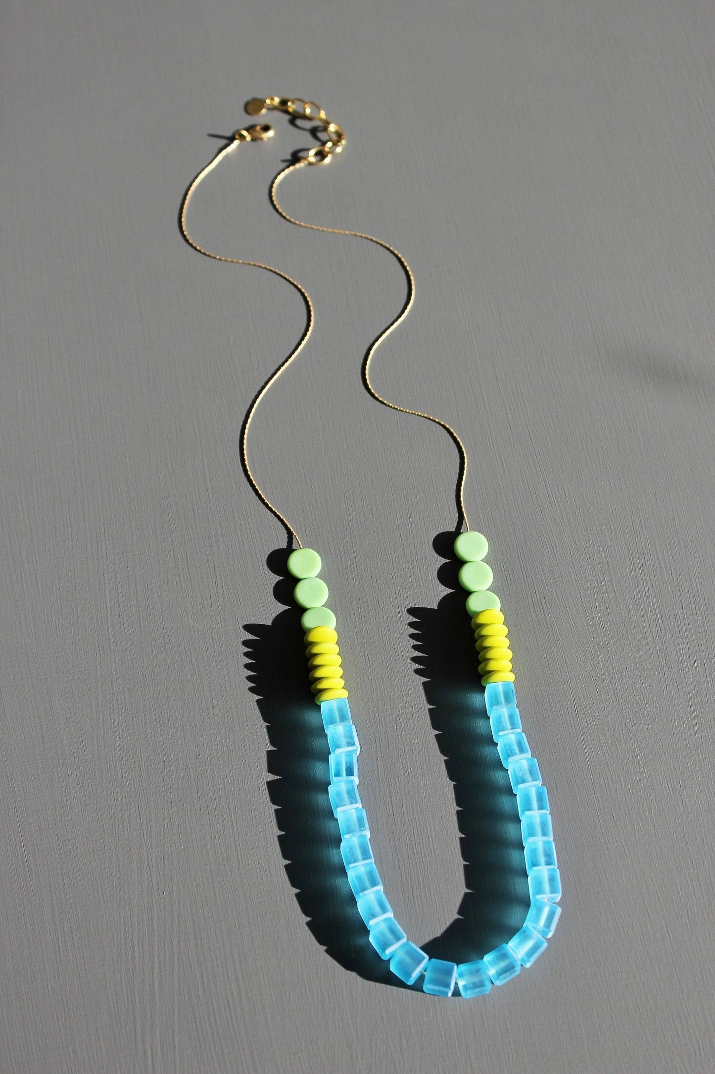 Geometric Aqua and Chartreuse Glass Necklace