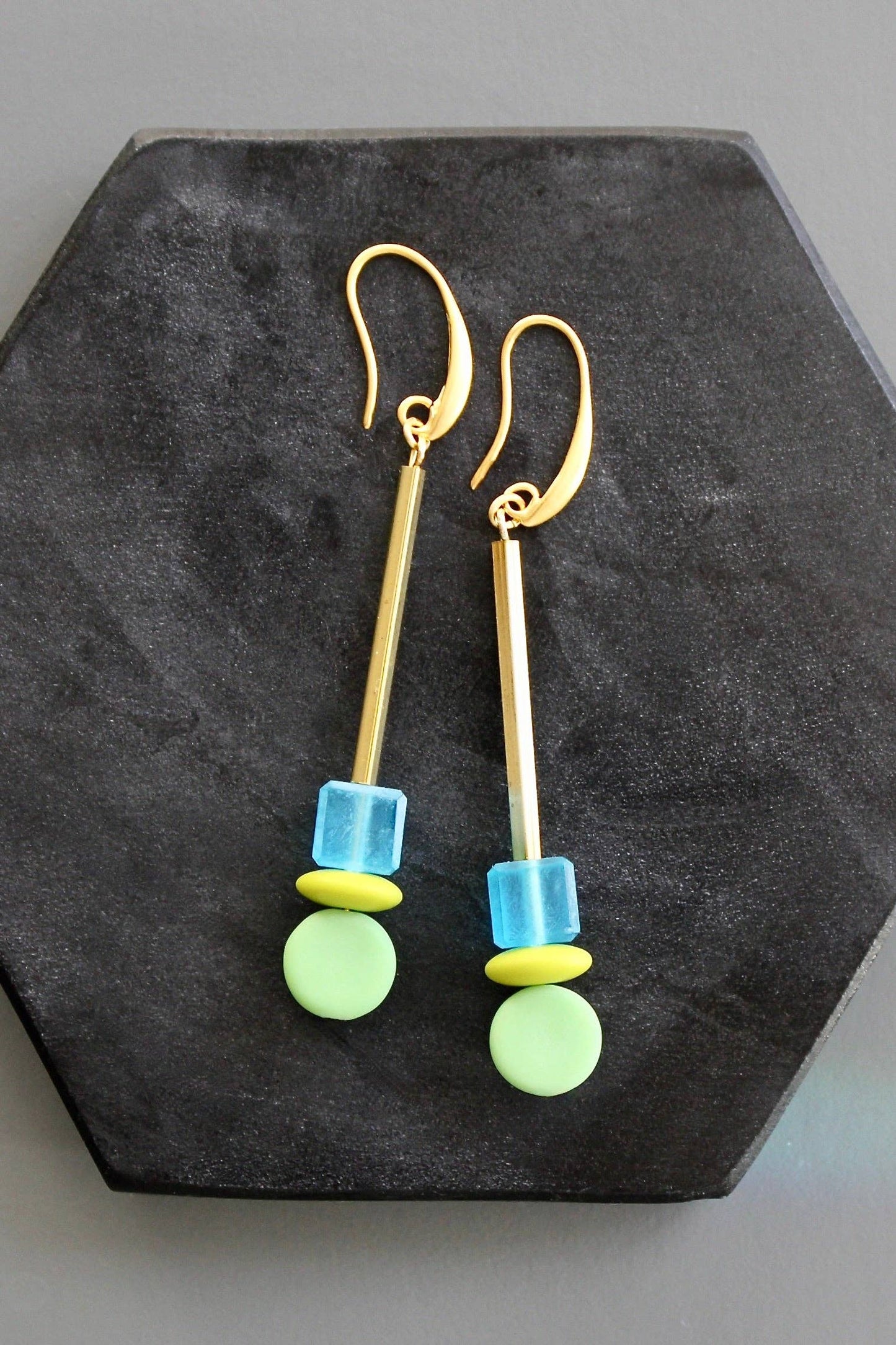 Totem Earrings-matte glass aqua and chartreuse