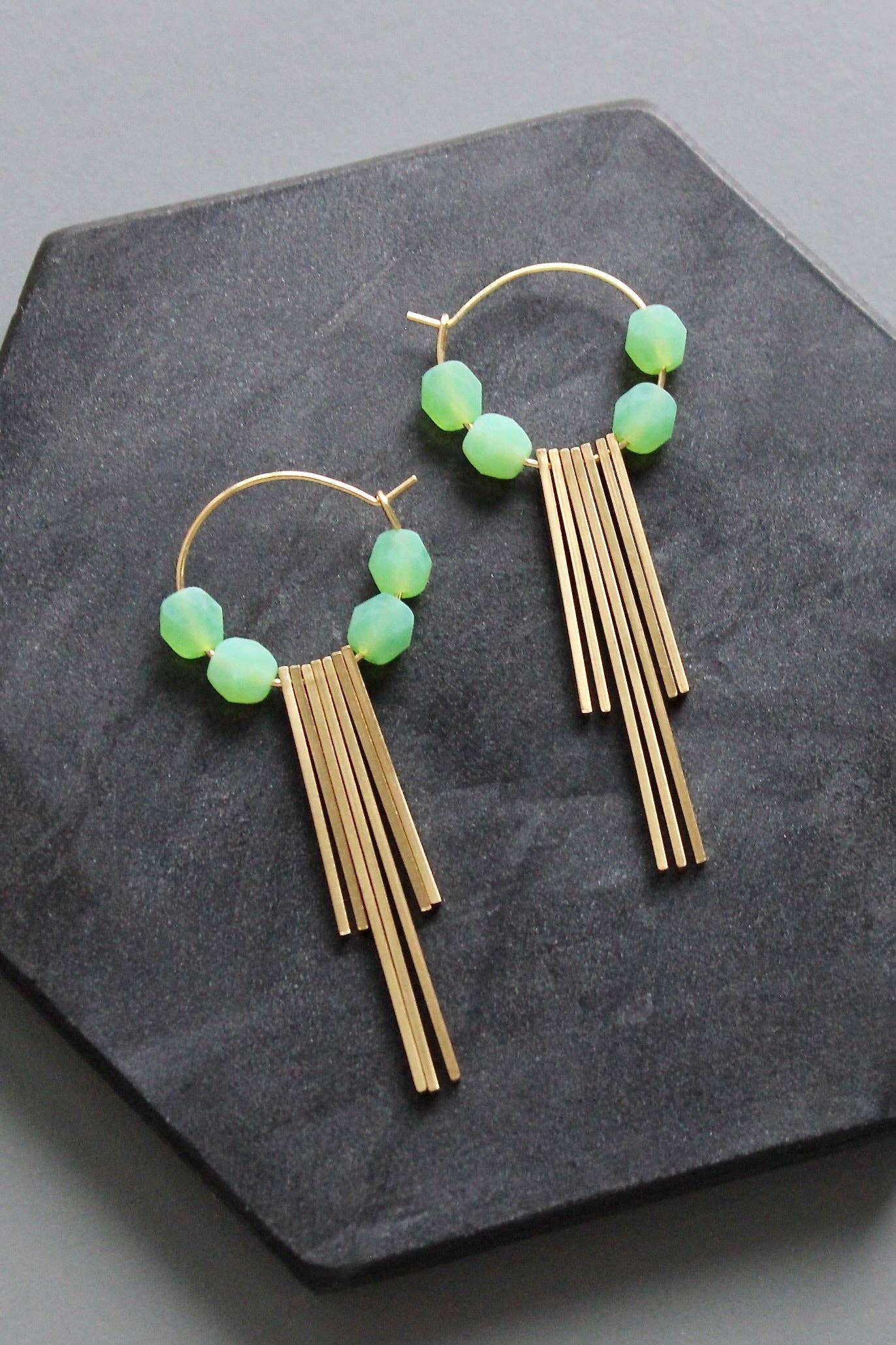 Geometric Hoop Earrings with Mint Glass & Brass