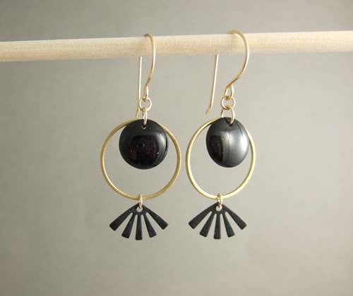 Black Glass & Brass Fan Earrings