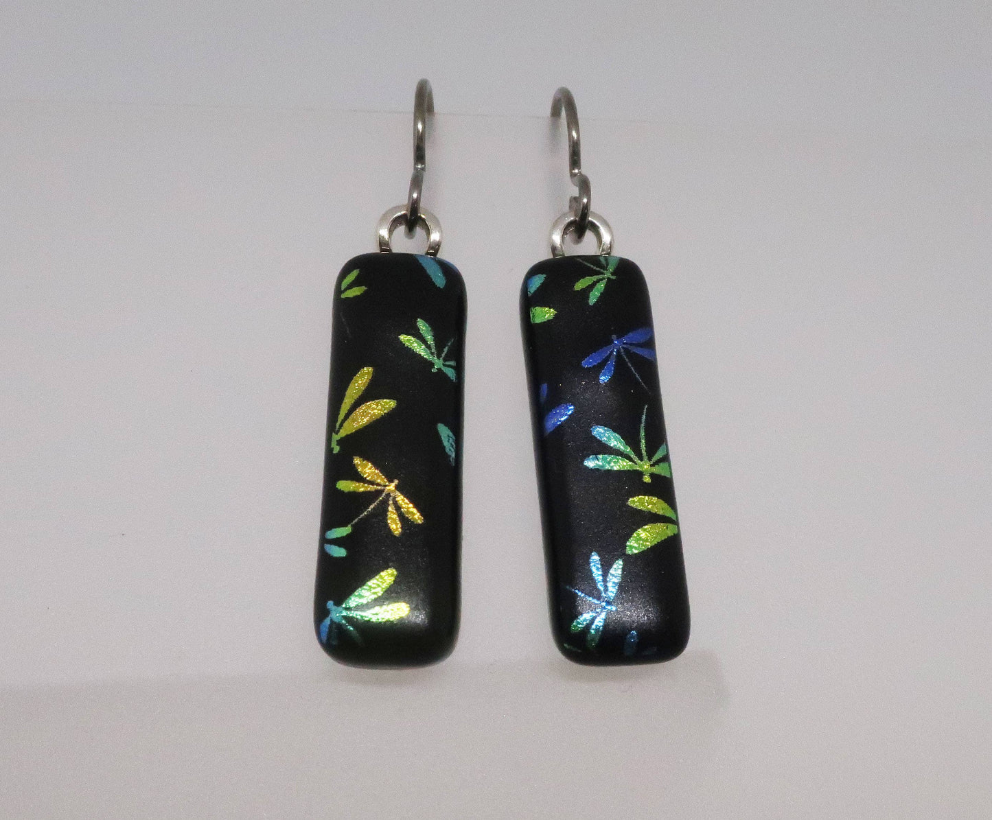 Dichroic Dragonfly Earrings in Blue & Green