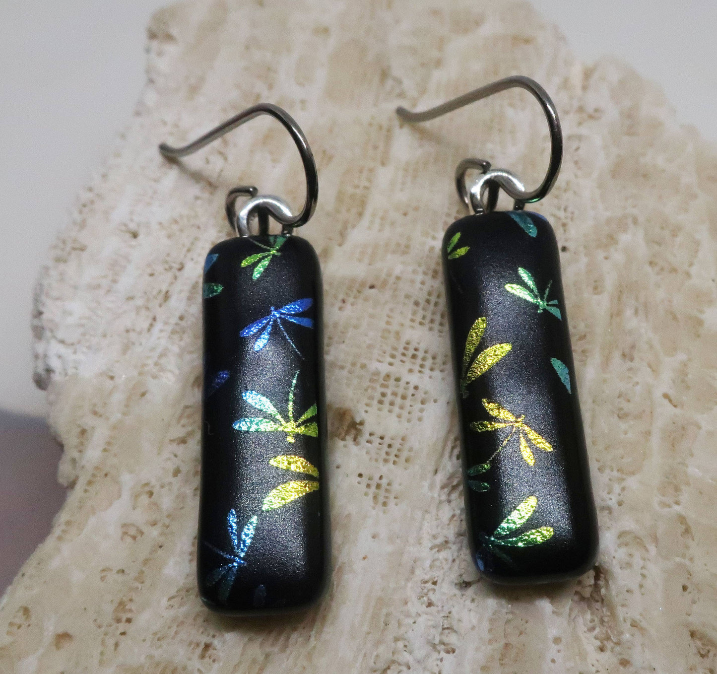 Dichroic Dragonfly Earrings in Blue & Green