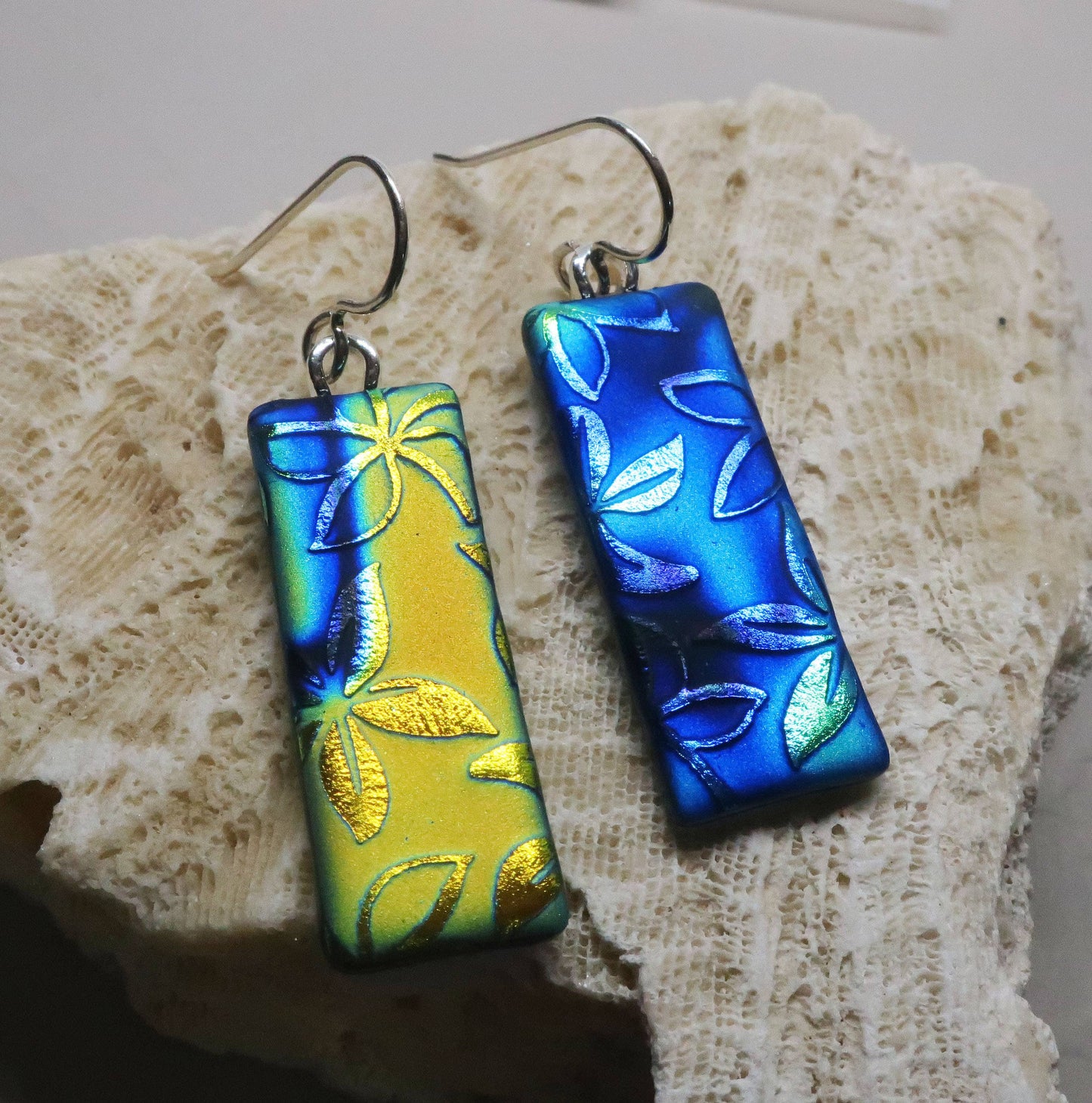 Floral Dichroic Earrings in Blue & Gold