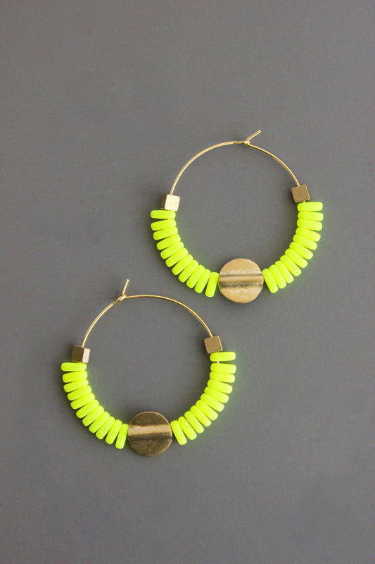Hoops-Flat Glass Beads in Neon Yellow