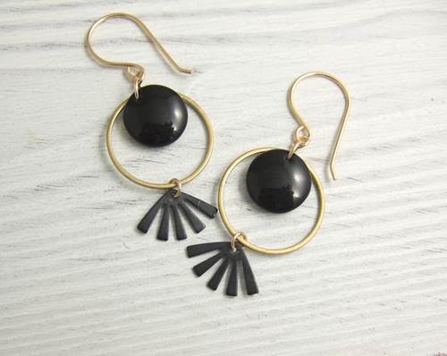 Black Glass & Brass Fan Earrings